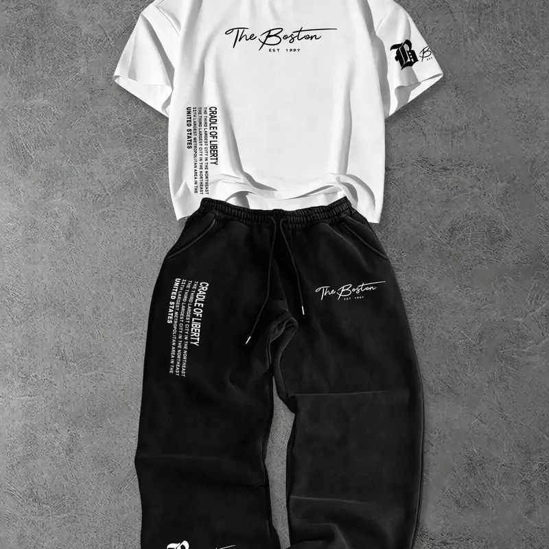 Summer Fashion Men's Two-Piece Set, T Shirts Set, Menswear, Number and Word Print, Short Sleeve T-Shirt and Loose Fit Drawstring Waist Pants, Casual Wear, Clothes