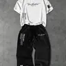 Summer Fashion Men's Two-Piece Set, T Shirts Set, Menswear, Number and Word Print, Short Sleeve T-Shirt and Loose Fit Drawstring Waist Pants, Casual Wear, Clothes