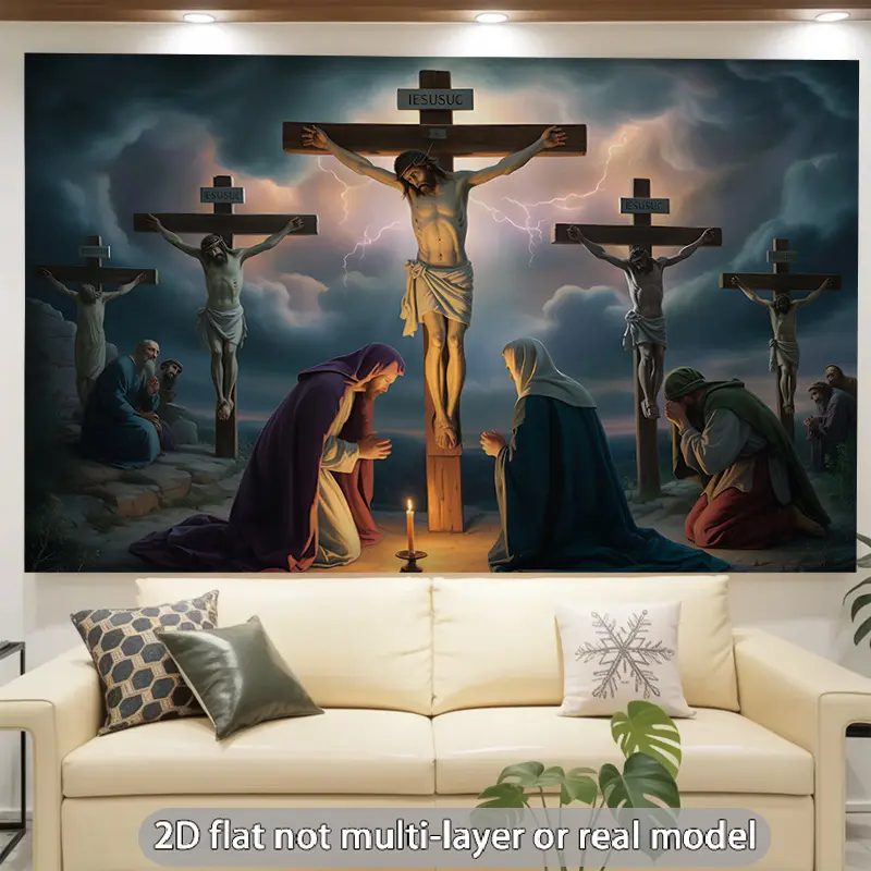 Calvary Sorrow Crucifixion Scene Backdrop Religious Backdrop Tapestry Wall Hanging Photography Background Polyester Fabric Church Easter Funeral Wedding Indoor Outdoor Studio Decor Banner