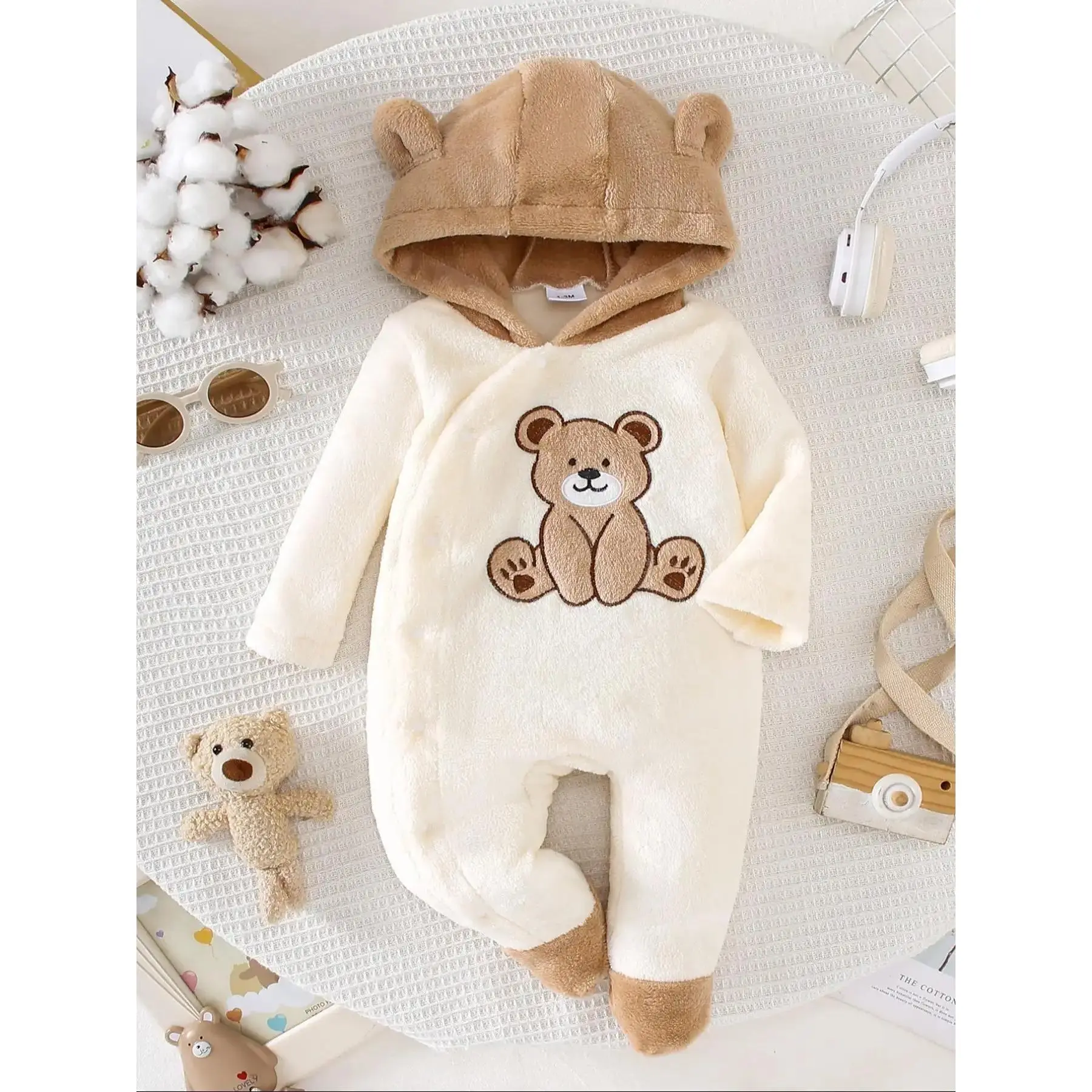 Cute Bear Print Fleece Lined Baby Romper, Unisex Infant Hooded Jumpsuit, Warm Winter for Boys & Girls, Baby Clothes Girl