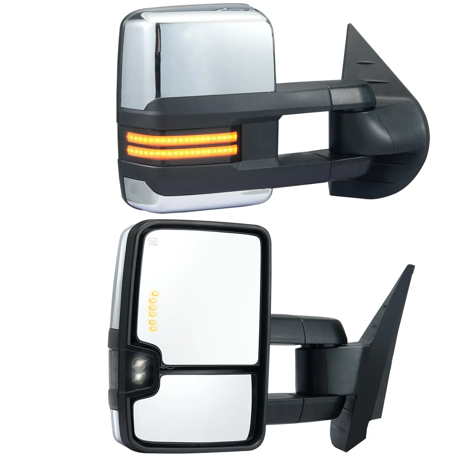 VEVOR Tow Mirrors, Left-Right Pair Set for Chevrolet Silverado (2007-2014)/GMC/Cadillac, Power Heated Tow Mirror with Signal Light, Manual Telescopic Fold, Defrost Function, Silver, Heating