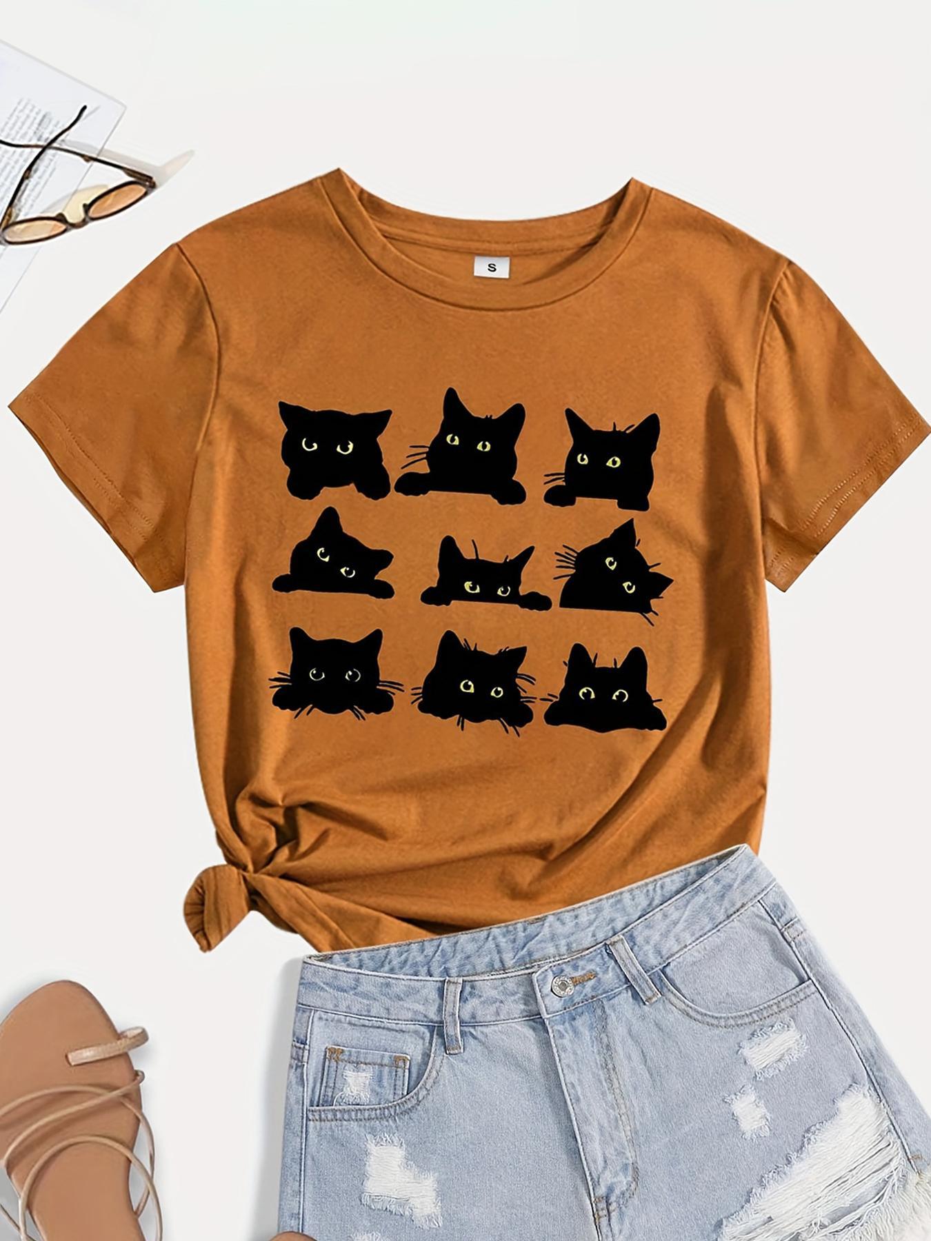 Women's Cartoon Cat Print Short Sleeve Jersey Tee, Casual Fashion Round Neck T-shirt, Summer Clothes Women, Women's Top for Daily Wear, Clothing