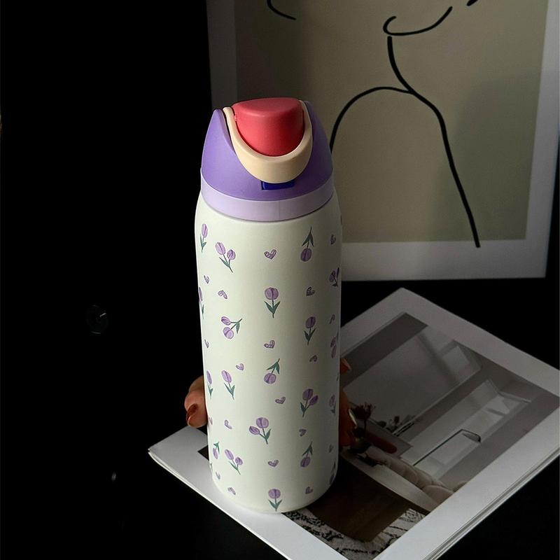 Tulip Pattern Vacuum Flask, 1 Count 24oz/32oz/40oz Stainless Steel Insulated Water Bottle with Straw, Drinking Cup for Home Office School Outdoor, Drinkware, Reusable Tumbler with Lid