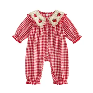 Infant Baby Girl Fall Romper Casual Plaid Strawberry Ruffled Trim Button Down Long Sleeve Jumpsuit 0-18 Months