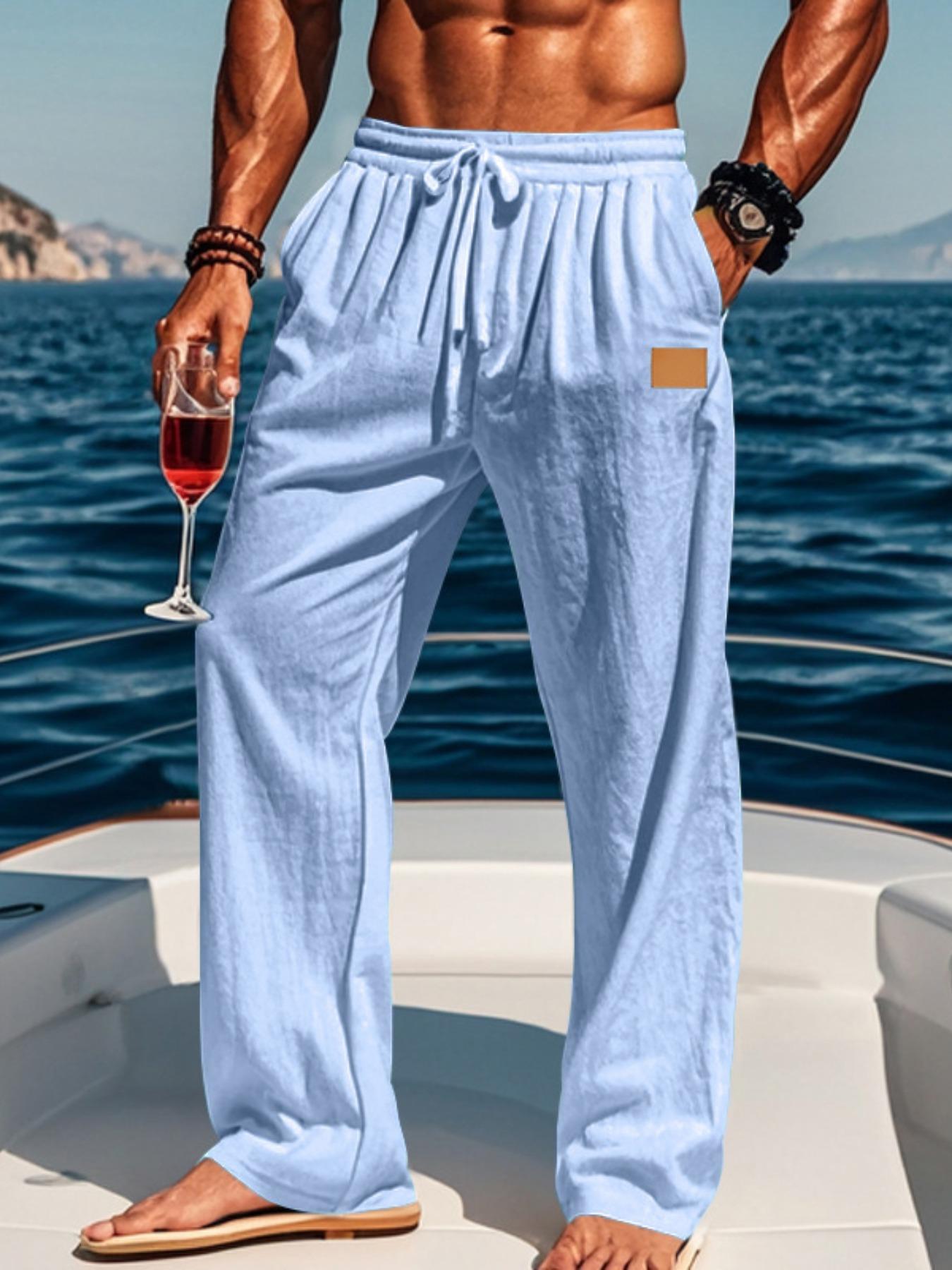 Men's Solid Color Linen Pants, Loose Casual Comfy Breathable Trousers, Casual Beach Pants for Vacation Holiday, Men Bottoms for Summer