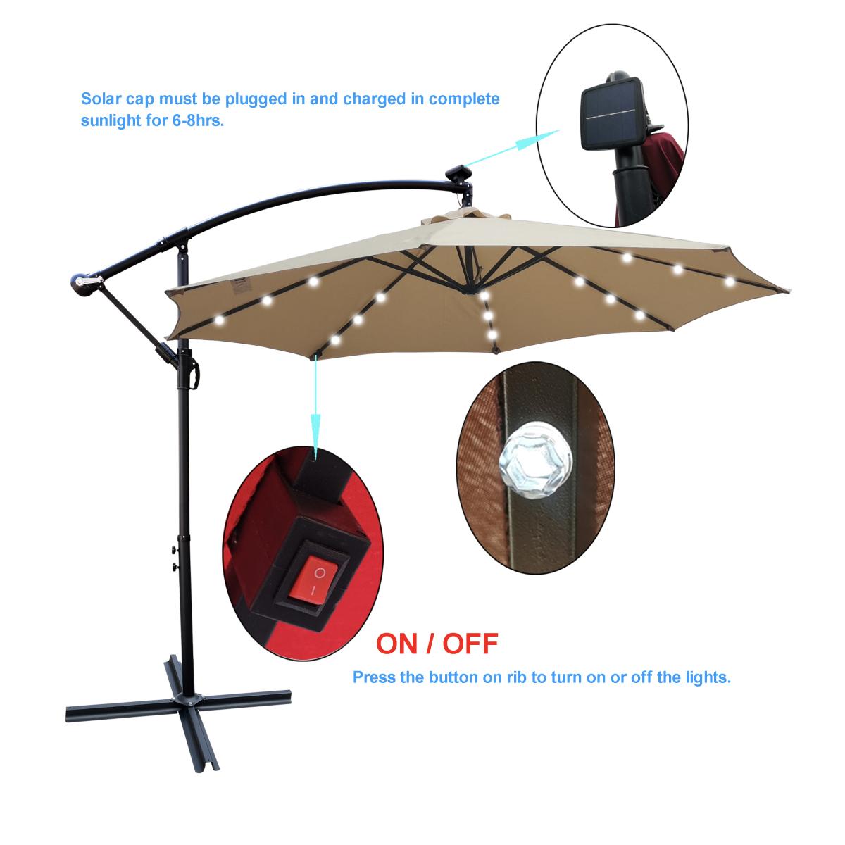 10 ft Outdoor Patio Umbrella Solar Powered LED Lighted Sun Shade Market Waterproof 8 Ribs Umbrella with Crank and Cross Base for Garden Deck Backyard Pool Shade Outside Deck Swimming Pool