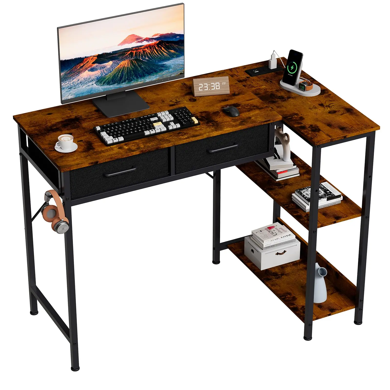 L Shaped Gaming Desk with Power Outlet – 3-Tier Storage Shelves, 2 Drawers, Headphone Hook – Space-Saving Corner Computer Table for Small Home Office or Bedroom – Black