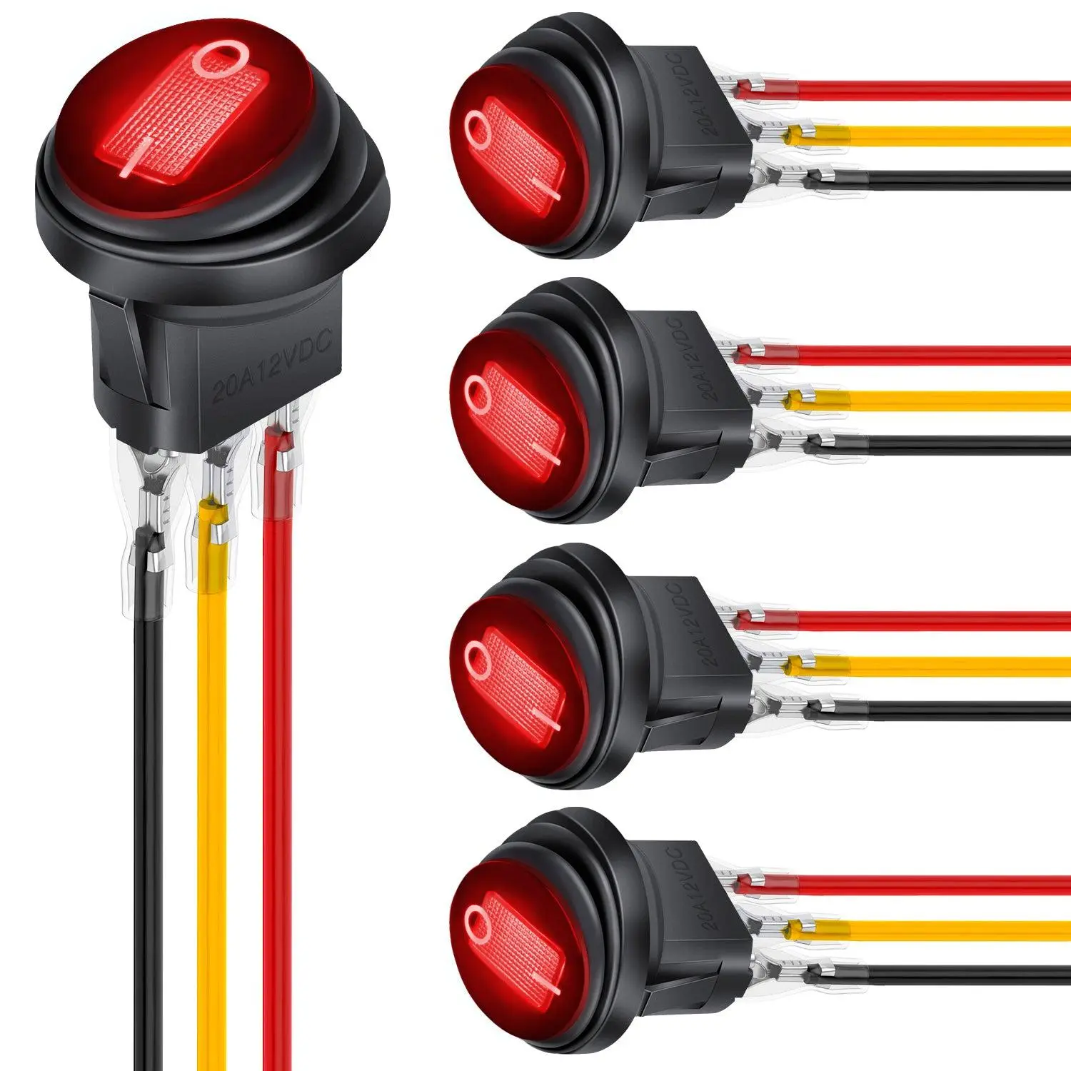 Nilight 5Pcs IP65 Waterproof Round Rocker Toggle Switches - 12VDC 20A SPST On Off Control, 3 Pins with Red LED, Snap-In Design, Metal-Plastic Construction, Silver-Plated Locked Terminal Wires for Car, Marine Boat
