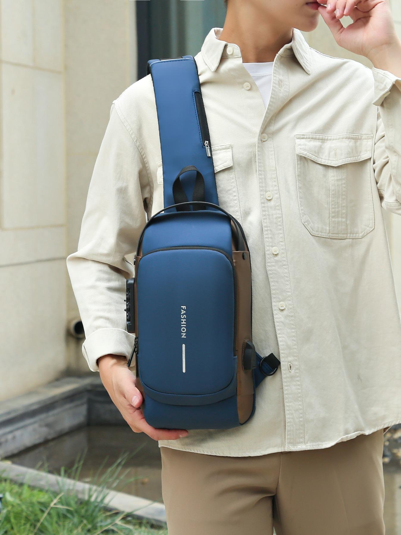 Men's Casual Plain Zipper Anti-theft Belt Bag, Large Capacity Business Chest Bag with Usb Port, Trendy All-match Waterproof Bum Bag for Daily Used