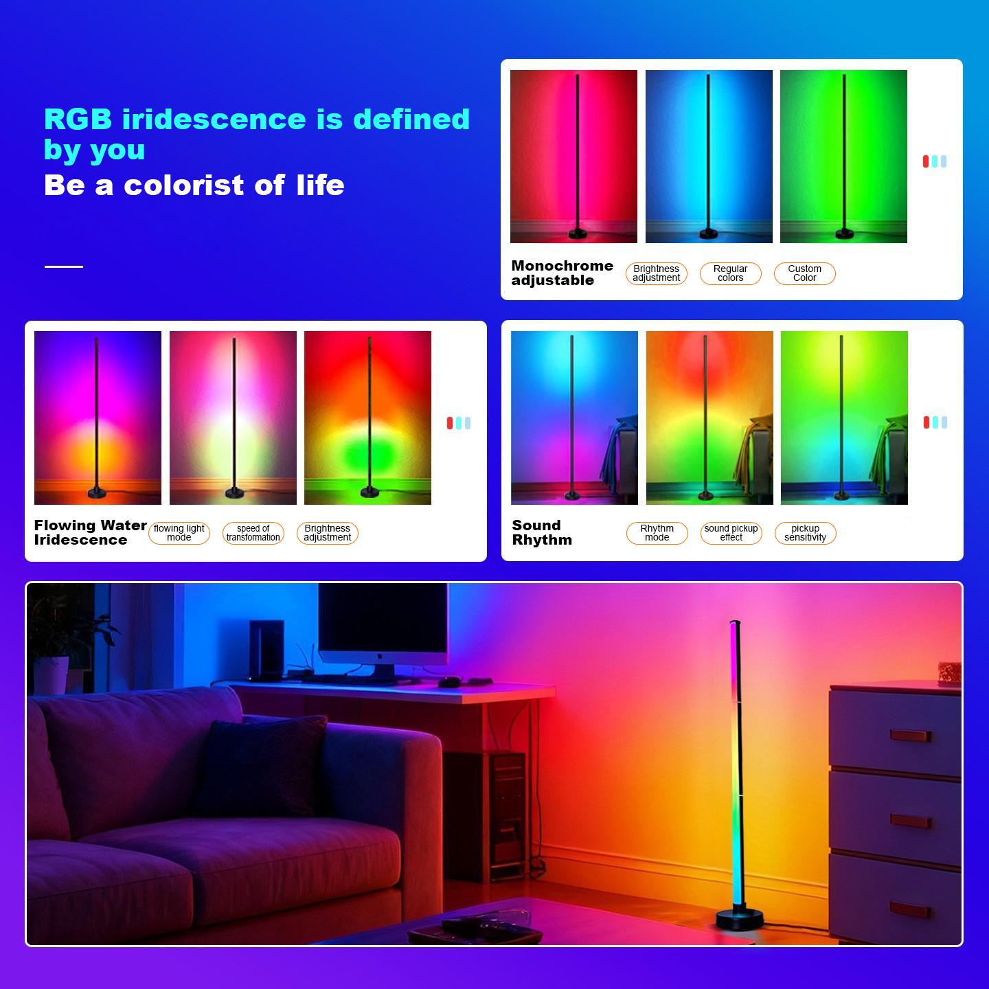 RGB LED Floor Lamp with Remote & App Control, USB Powered Smart Standing Lamp, Color Changing Ambient Light for Living Room Bedroom Home Decor