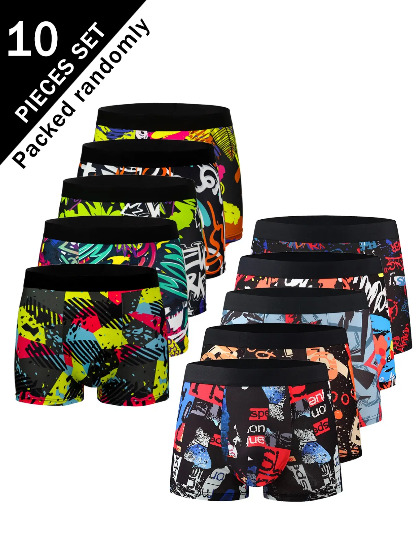 10-Pack Set Colorblock Graffiti Print Men's Novelty Boxer Briefs Trunks, Trendy Streetwear, High Elasticity, Soft Fabric, Daily Wear, All Seasons