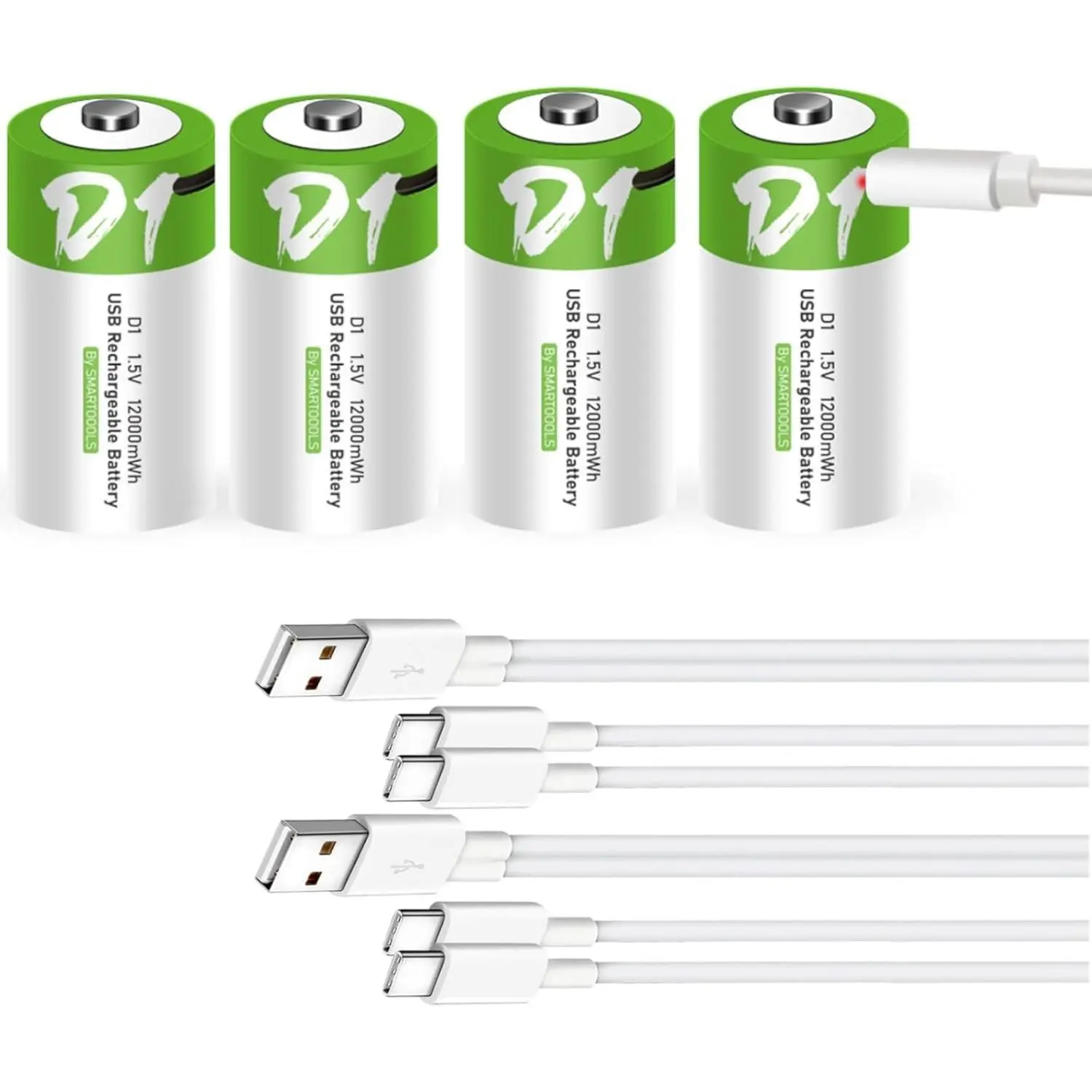 Rechargeable D Batteries 4 Pack 1.5V 12000mWh D Size Lithium Batteries with Type C Charger Cable