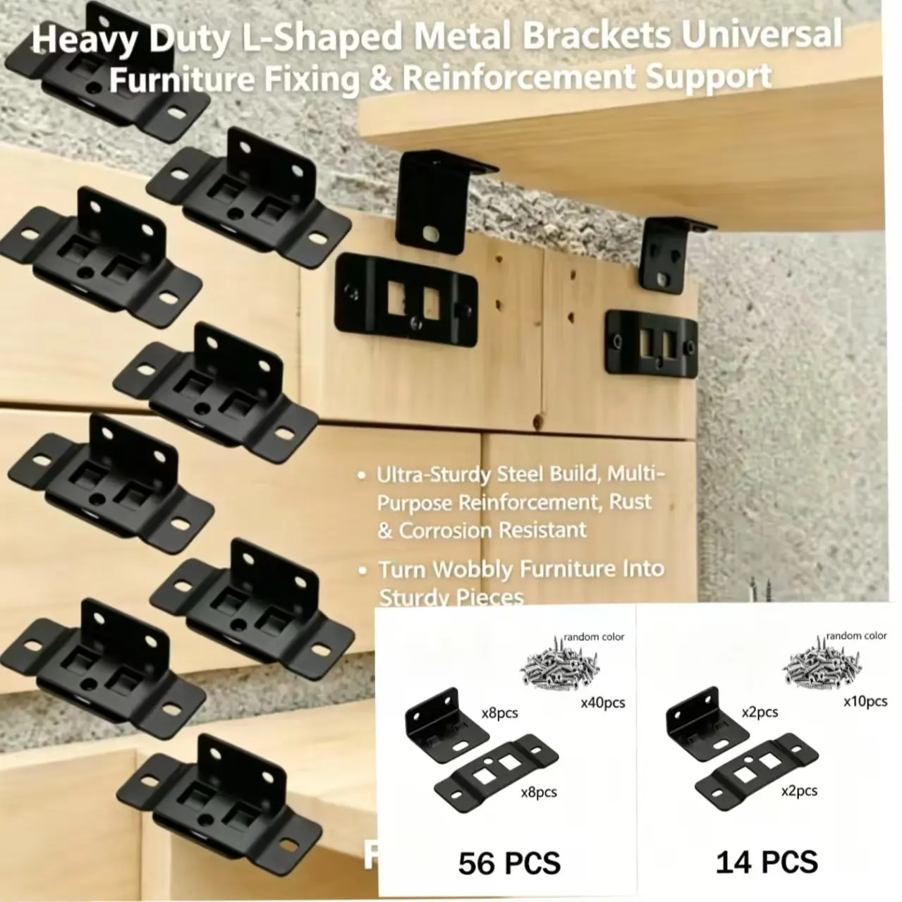 14/56 Piece L-Type Metal Corner Bracket Set, 90 Degree Right Angle Connector, Easy Install, Durable for Furniture, Shelves, Cabinets, Reinforced Steel Bracket
