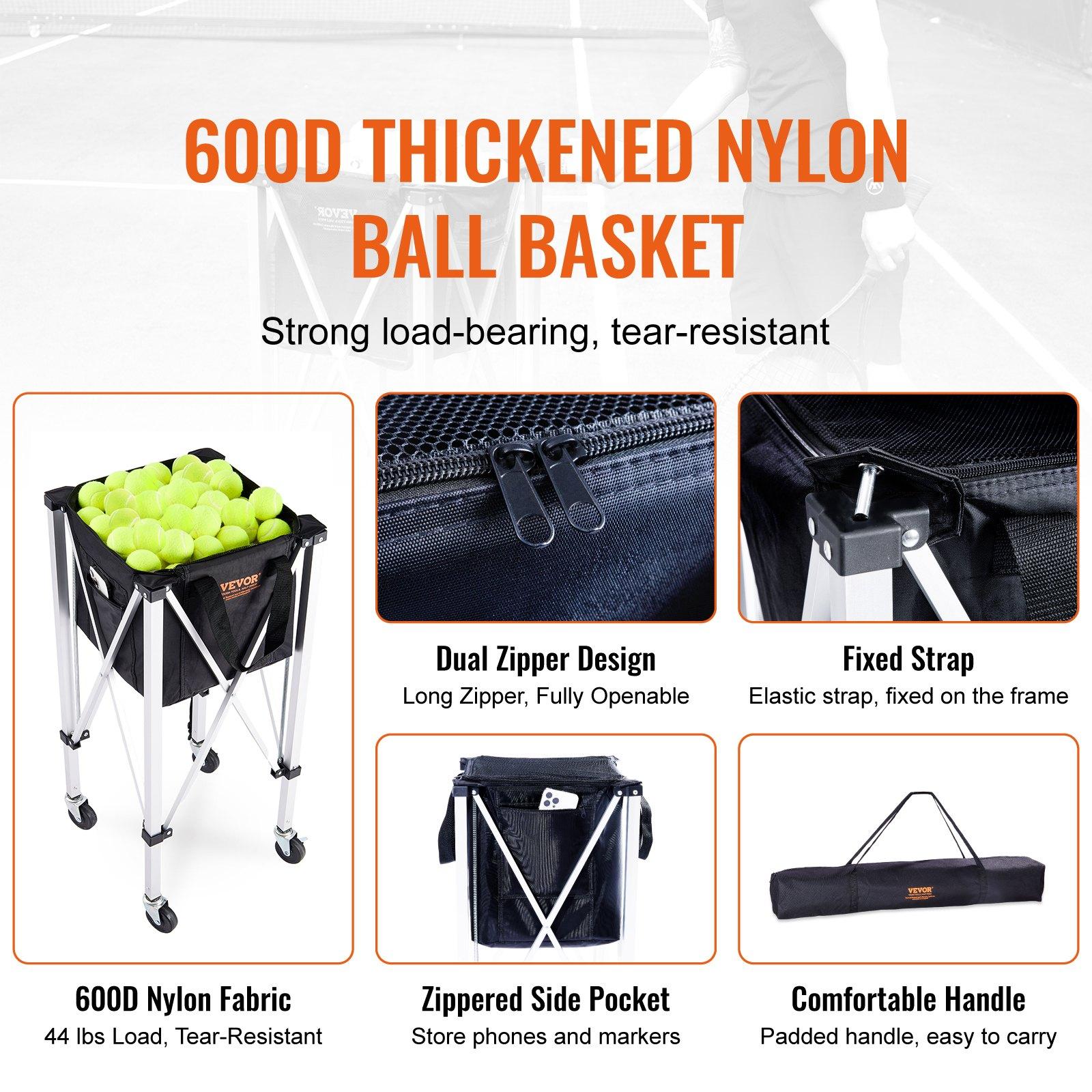 VEVOR Foldable Tennis Ball Hopper, Holds 180 Tennis Balls, Lightweight Aluminum Alloy Tennis Ball Basket Cart with Wheels, Removable Bag, Carry Bag, Portable Sports Teaching Cart for Tennis Player