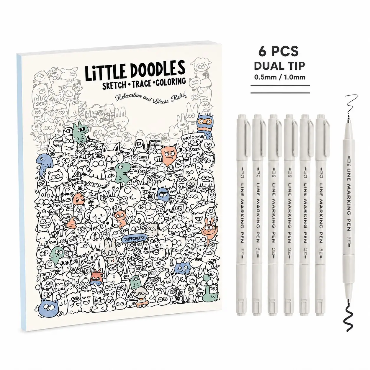 Three-In-One Sketching Line Drawing Notebook Set with 6 Dual-Ended Pens, Drawing Tools, Ideal for Tracing, Coloring, Painting, Stress Relief, Adult Use