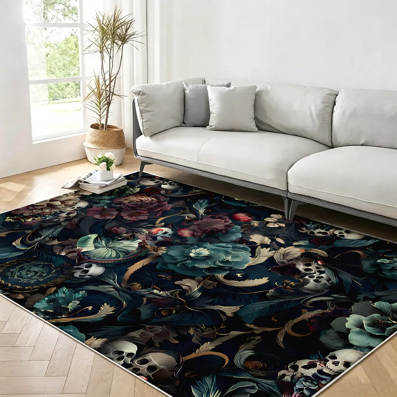 1pc Gothic Baroque Floral Low Pile Area Rug (8x10ft), Dark Blue Base with Skull & Botanical Motif, Soft Non-Slip Stain Resistant Machine-Washable Floor Covering for Living Room Decor & Indoor Rooms