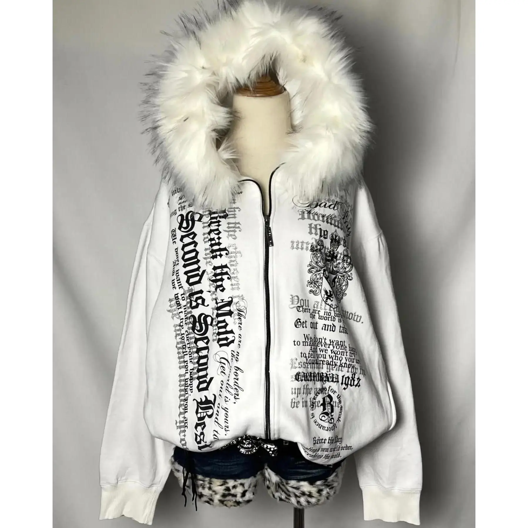 Y2K White Fur collar sweatshirt Gothic Retro Pattern Super Dalian Hat Zipper Sweatshirt Trend Women Fashion Casual Streetwear