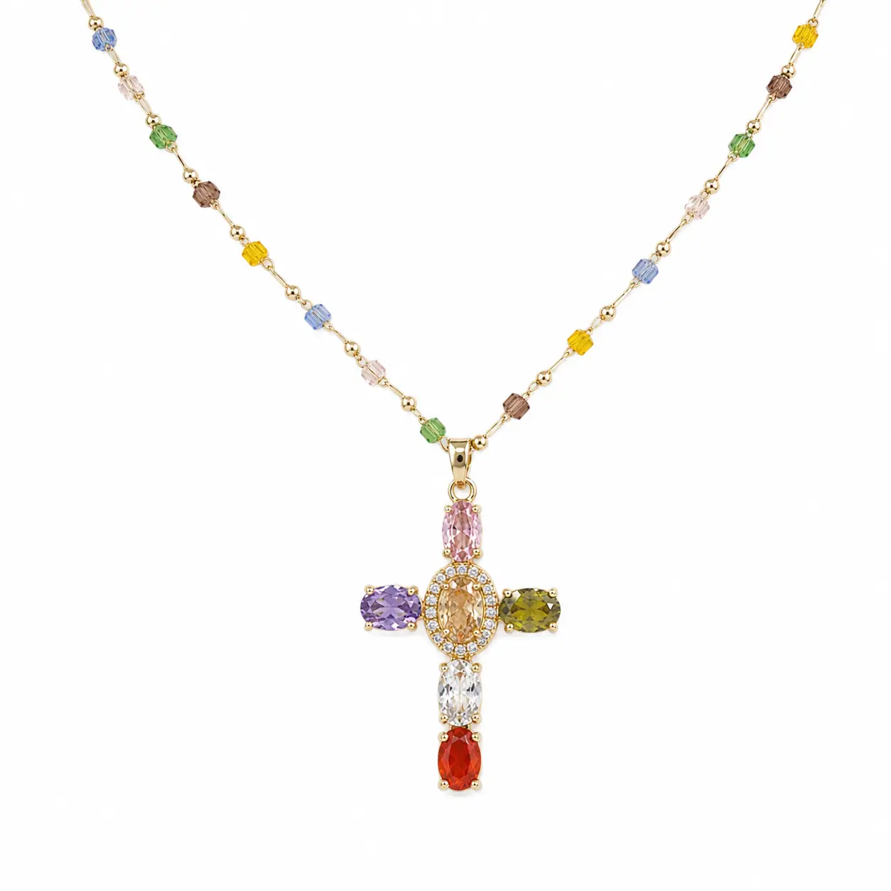 Colorful Cubic Zirconia Cross Necklace for Women, Gold Plated Copper Rainbow Crystal Pendant Necklace, Adjustable 17.7 + 2 in Chain, Dainty Faith Jewelry Gift for Her