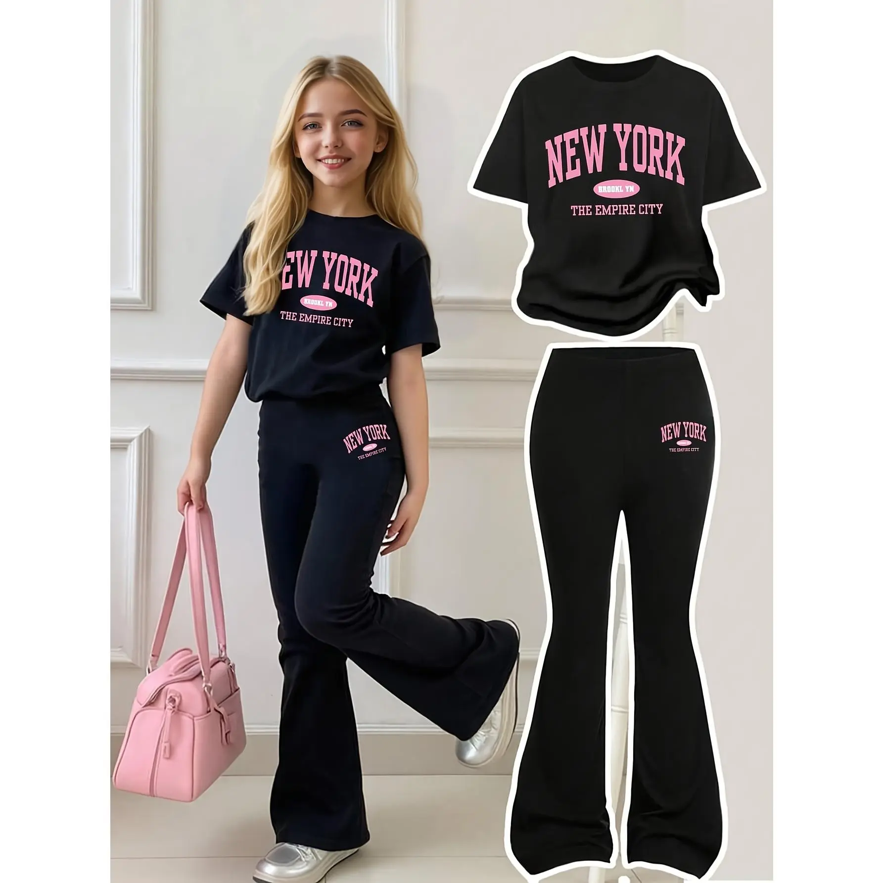 2pcs/Set Tween Girls' Casual "New York" Number 23 Striped Graphic Loose Fit Short Sleeve T-Shirt And Flared Pants Summer Outfit, for Outdoor