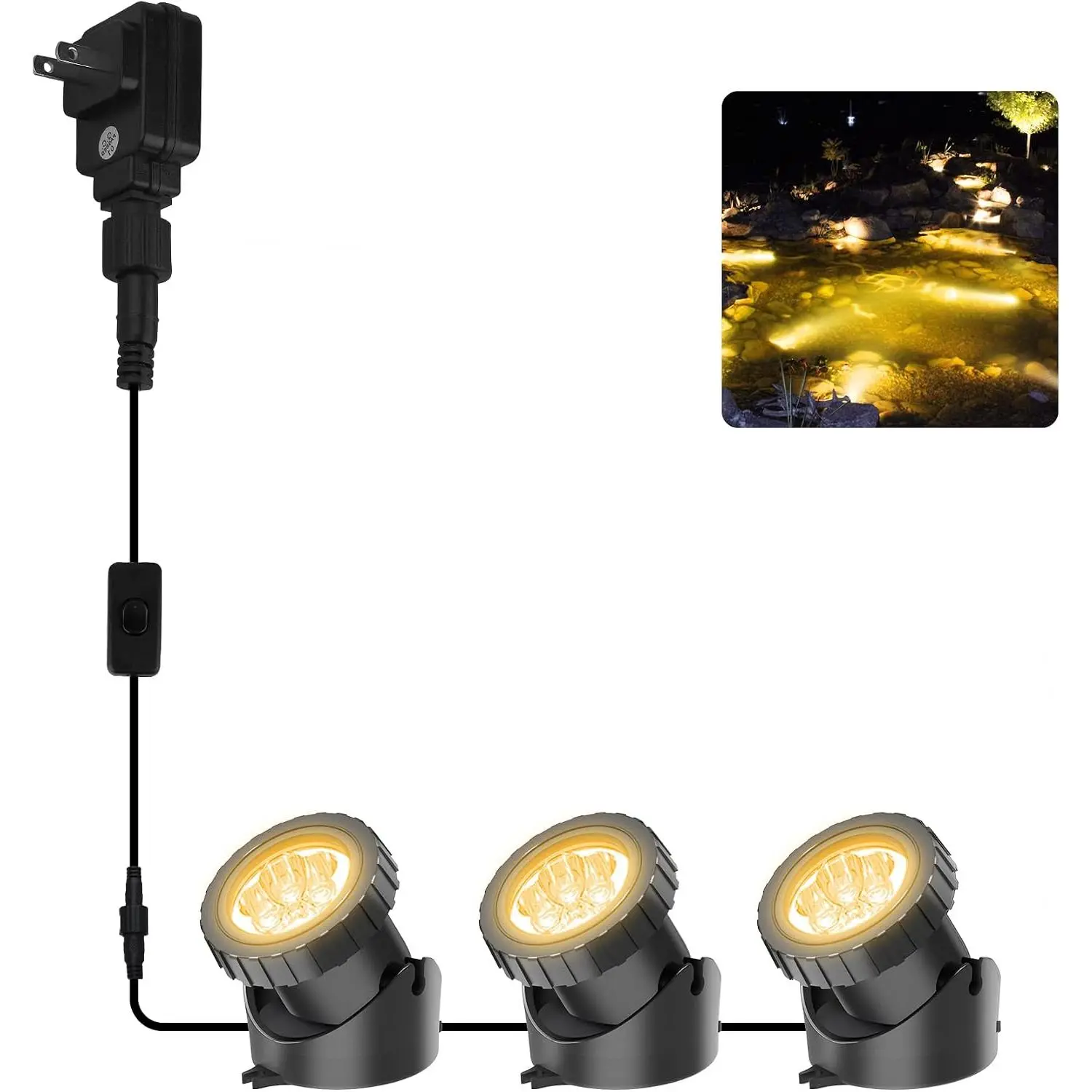 3000K Warm White LED Pond Lights - Underwater Submersible Landscape Spotlights, Switch Control, IP68 Waterproof, Set of 3 for Fish Aquarium Tank Garden Yard Pool Fountain Lighting