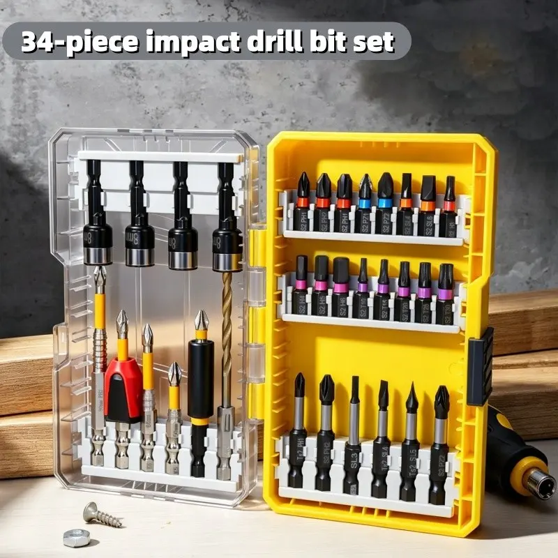 34-Piece Professional Screwdriver Torsion Bit Combo, Screwdriver Sets, Color-Coded S2 Alloy Steel Impact Rated Torx Screwdriver Bits & Hex Nut Driver Set with Transparent Storage Case