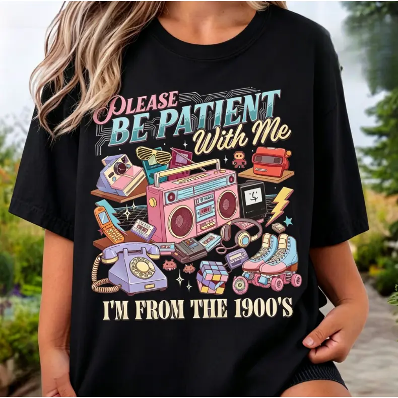 Retro 90s Women Unisex Graphic Tee: Vintage Please Be Patient With Me, Nostalgia Cassette Tape Boombox Roller Blade Gameboy T-shirt