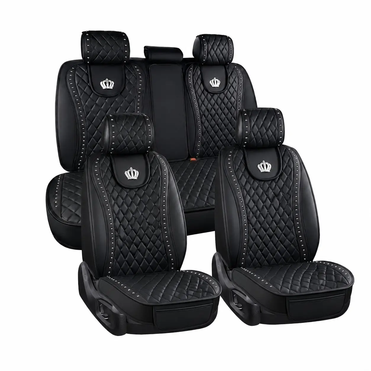 Luxurious Vintage Metal Rivet Queen Crown Rhinestone Car Seat Cover, Universal Fit Front Rear Seats, Waist-Slimming Car Cushion Protector, Back Seat Covers, Automotive Seat Covers