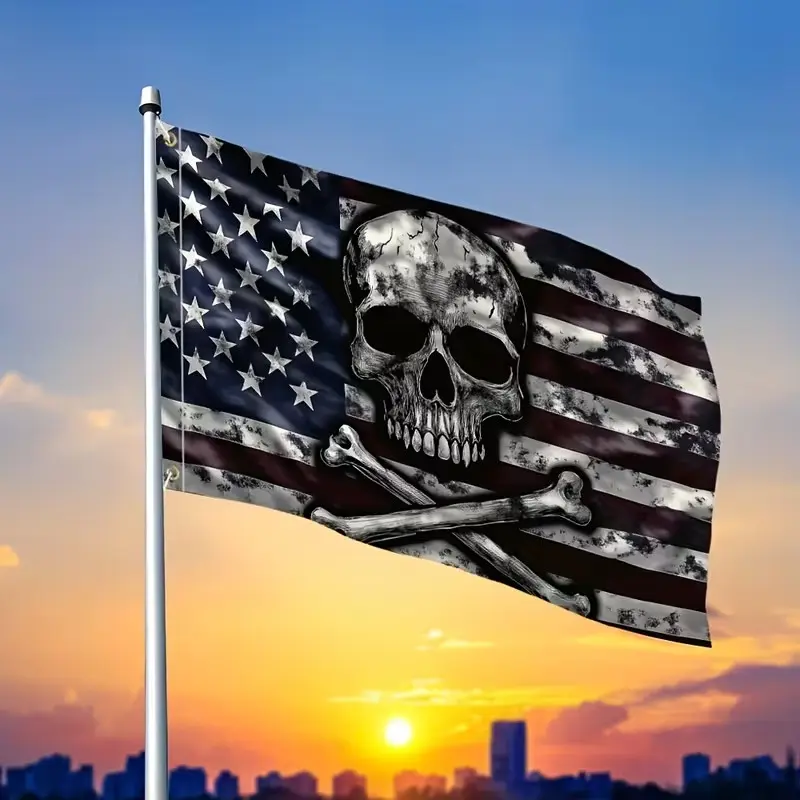 2D Flat Banner 1pc, Patriotic Pirate Skull Flag, Polyester Design, Skull Head and Crossbones, Outdoor Use, Durable Flag, No Power Needed