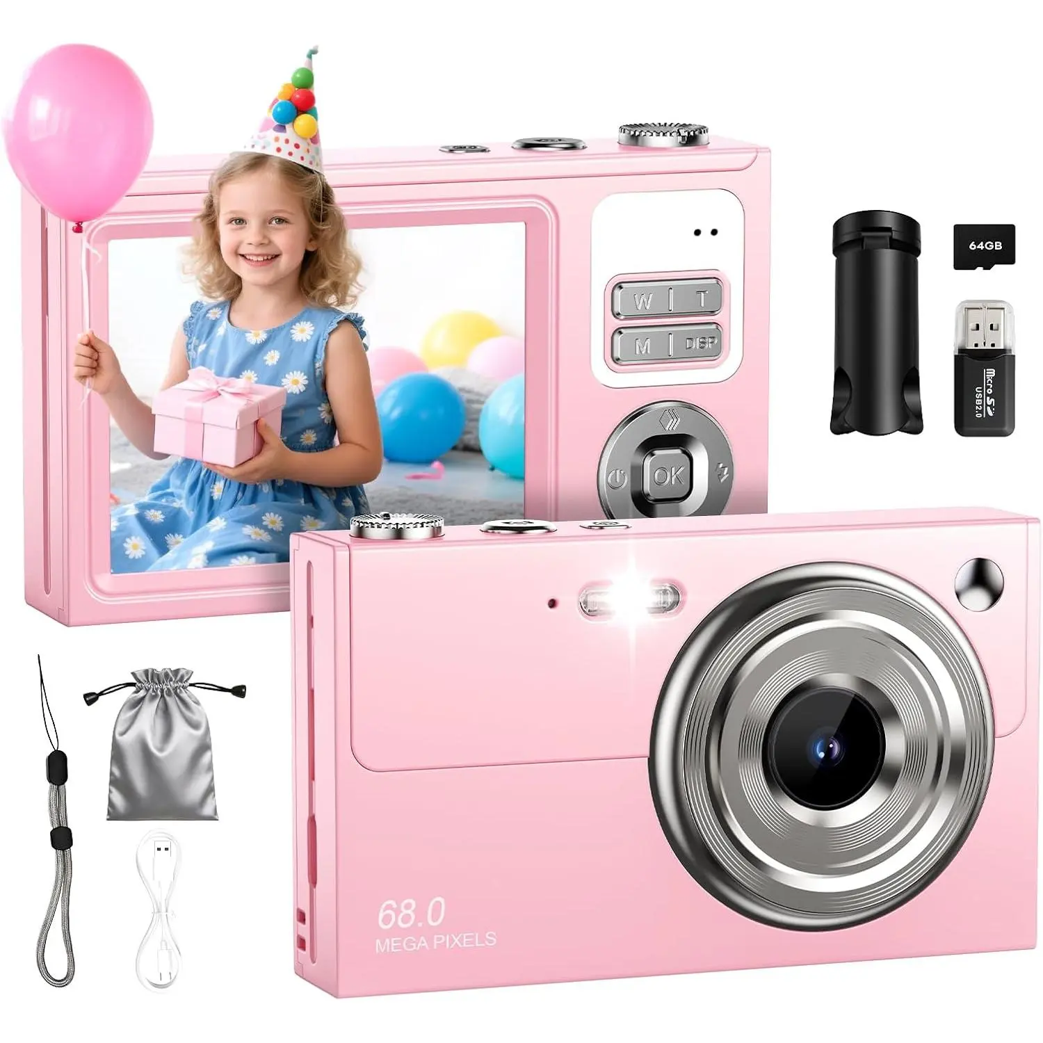 Digital Camera for  & Beginners, 4K Digital Camera with 64GB SD Card 16X Zoom Anti-Shake, Compact Point and Shoot Camera with 2.8" Screen, Portable Small Camera for Students, Travel & Gifts