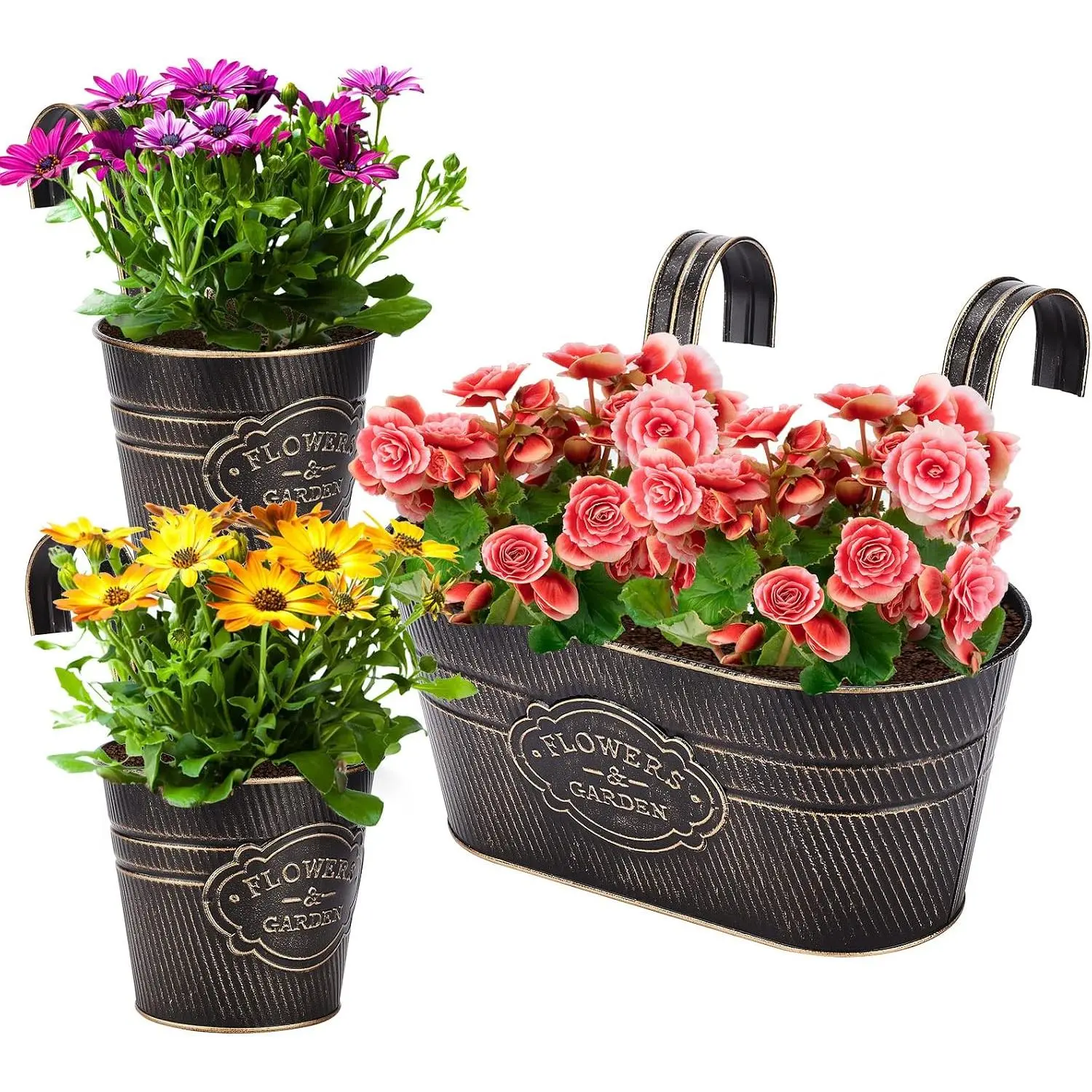 3 Pack Metal Railing Planter Box Outdoor, 10.6"  Flower Pots with Detachable Hooks & Drainage Holes, Rail Planter Boxes for Balcony Deck Porch Fence Garden  Decoration, Black