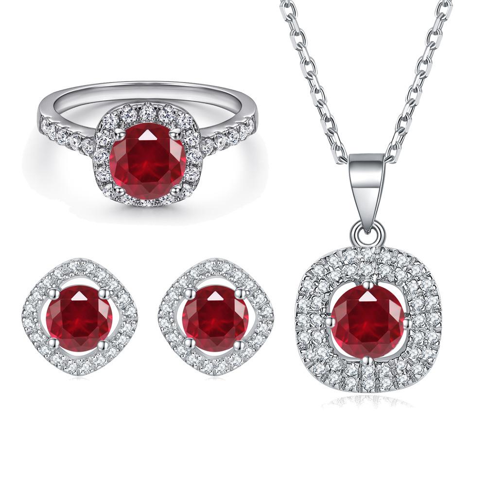 Exquisite artificial gemstone set: s925 sterling silver zircon ruby earrings, aquamarine necklace, pink diamond ring, three-piece jewelry set.Suitable for parties and dances, holiday gifts, and gifts for couples