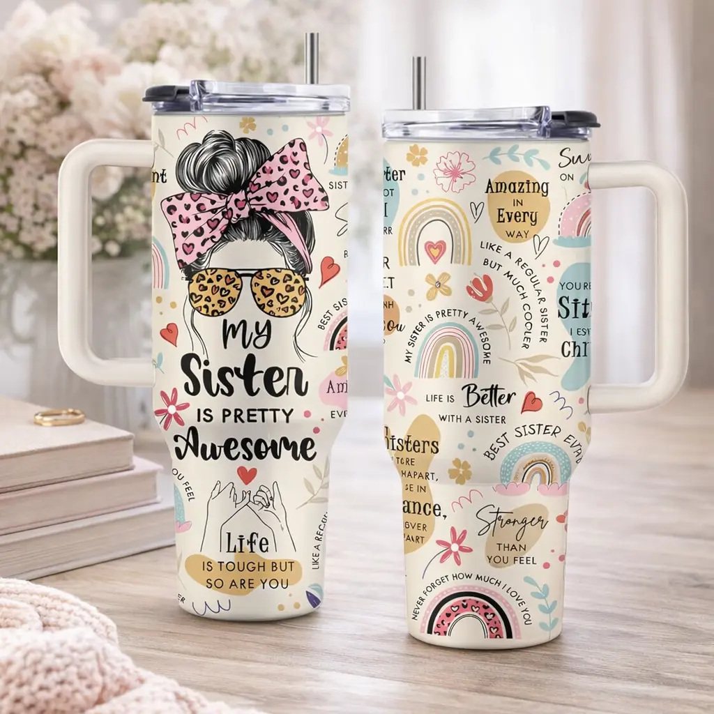 Sister 40oz Tumbler, With Handle Straw, Stainless Steel Coffee Cup, 40oz Stainless Steel Sport Tumbler, My Sister Is Pretty Water Bottle, Thanksgiving Christmas Birthday Gift For Sister