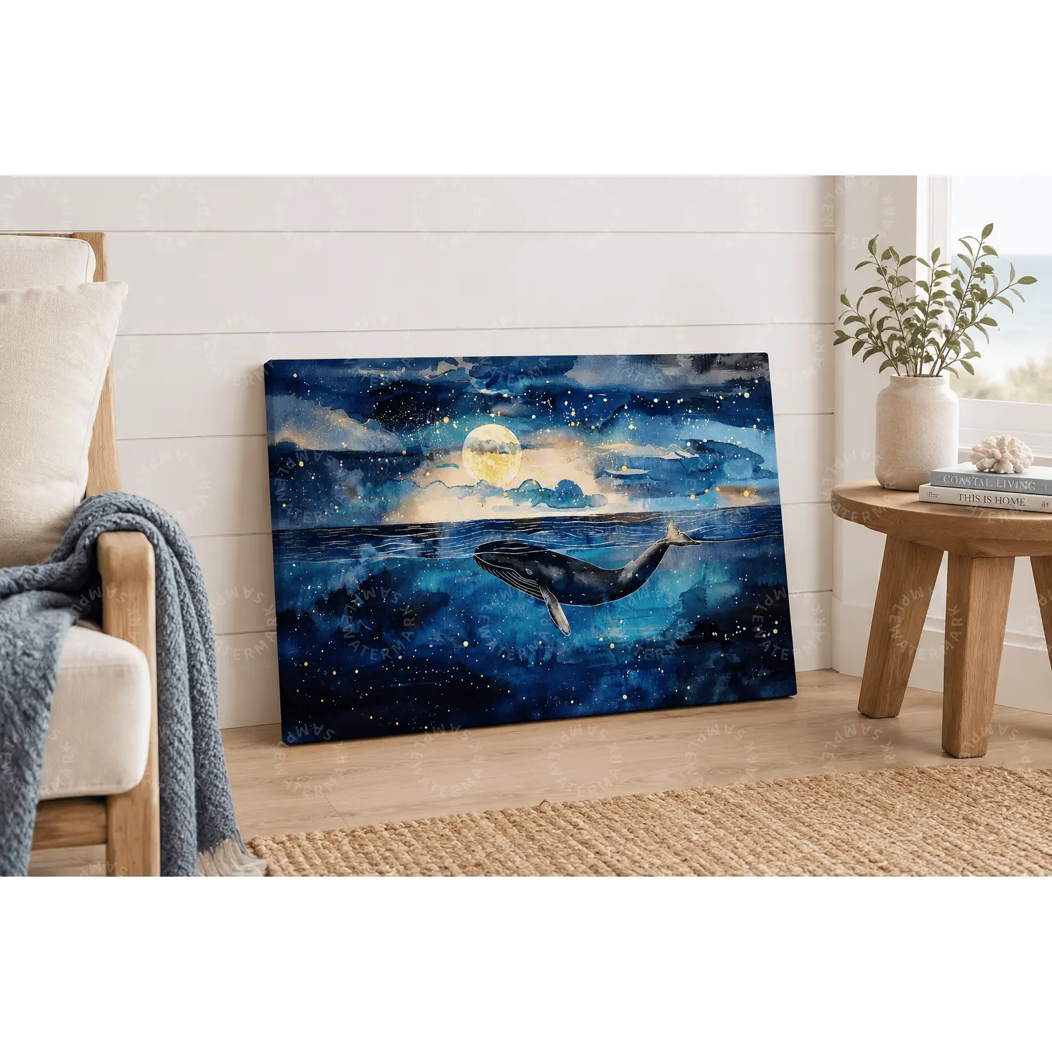 Moonlit Whale Canvas Art, Blue Ocean Watercolor Poster, Celestial Sea Aesthetic Wall Decor for Living Room Bedroom Office, Coastal Wall Art, Dreamy Nature Poster, Ocean Lover Gift