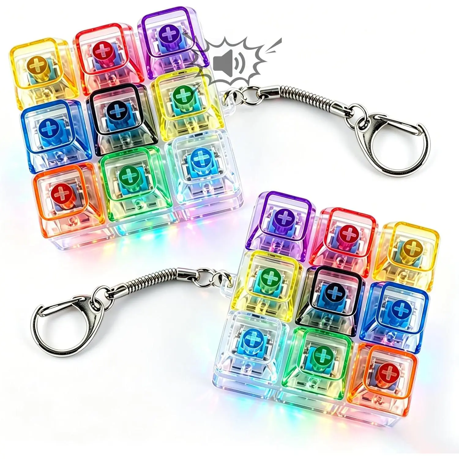 2Pcs LED Keyboard Fidget Toy,9-in-1 Keyboard Clicker Fidget for Stress Relief Calm Anxiety Finger Clicker Toys with Lights,Keyboard Keychain Decompression Button Sensory Toy for Kids Adults Giftsfidget toys