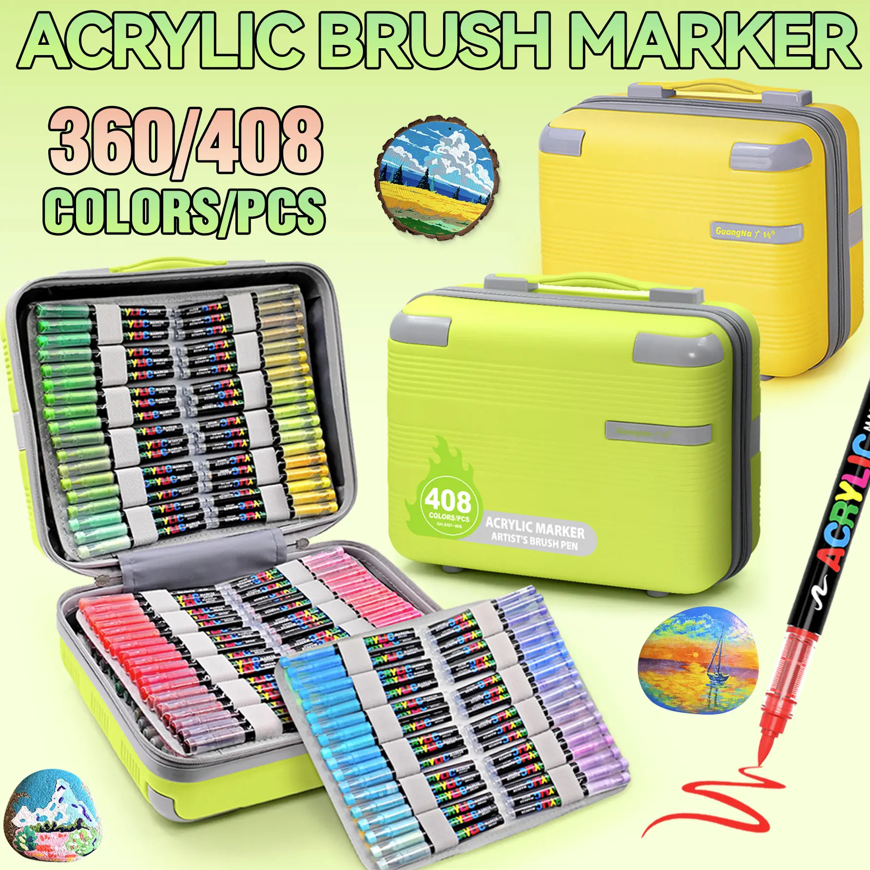 Guangna Acrylic Marker Pens, 360/408 Colors, Portable Case, Soft Tip, Auto Ink System, Ideal for Artists, DIY, Canvas, Wood, Glass, Fabric