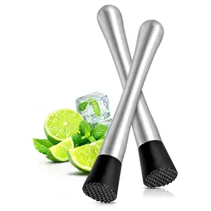 2 Pcs Bar Muddler for Cocktails with Glass-Safe Grooved Nylon Head - 8" Stainless Steel Muddler for Lemonade, Dishwasher Safe - Lemonade Stand Supplies for Citrus, Mint, Herb & Cocktail Gift for Dad