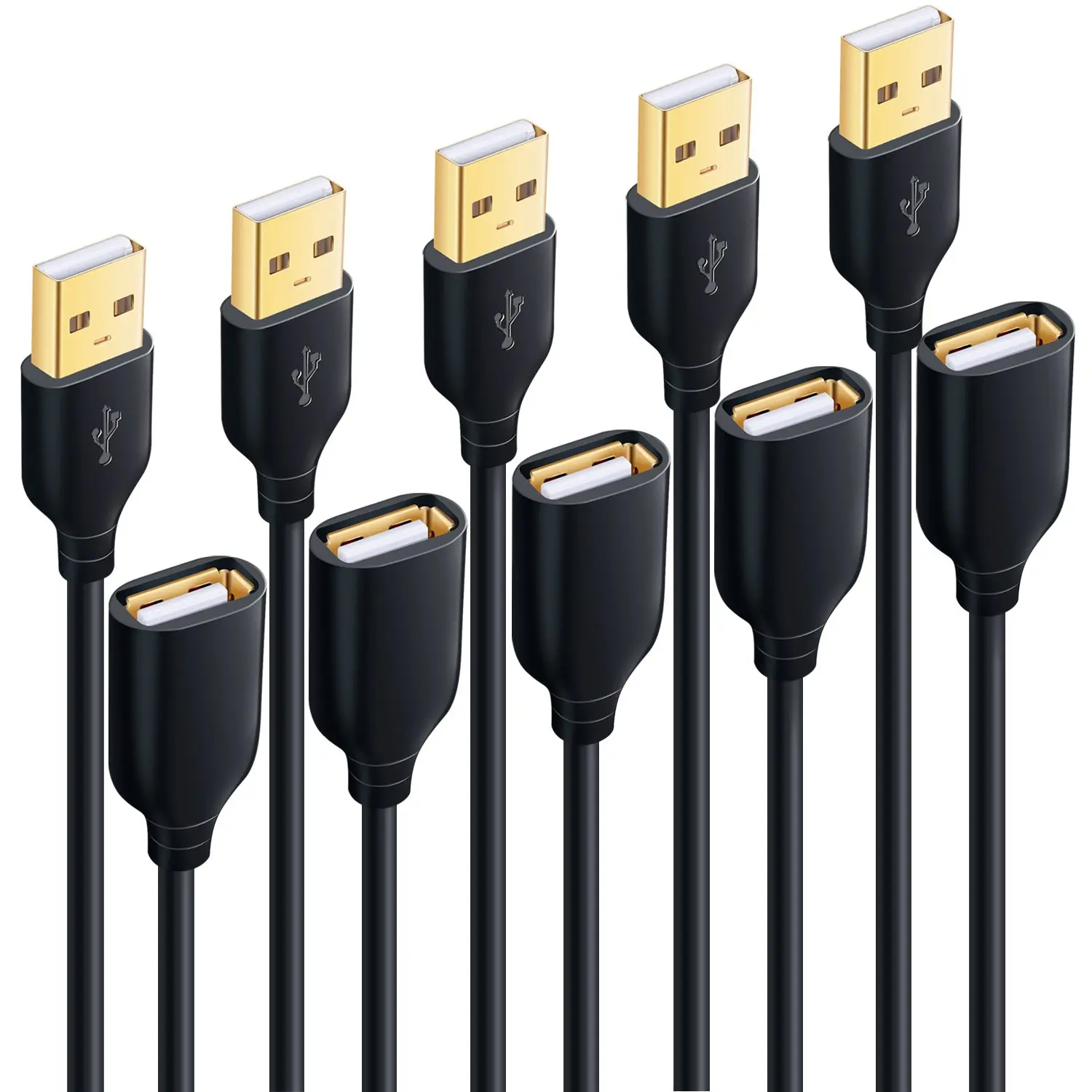 USB Extension Cable, [5Pack] 10 ft Extra Long Type A Male to Female USB 2.0 Extender Cord USB A Charging & Data Transfer for Keyboard, Mouse, Printer, Flash Drive, Hard Drive, Phone - Black
