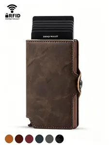 Men's Retro Rfid Anti-Skimming Card Wallet, One-Touch Pop Out Design, Multi-Slot Card Holder, Portable Vintage Leather Wallet