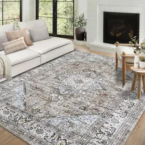 GARVEE10x13 Extra Large Area Rug featuring Vintage Distressed Retro Medallion Design, Machine Washable, Non-Slip, Stain Resistant Accent Rug for Living Room and Bedroom in Taupe and Blue