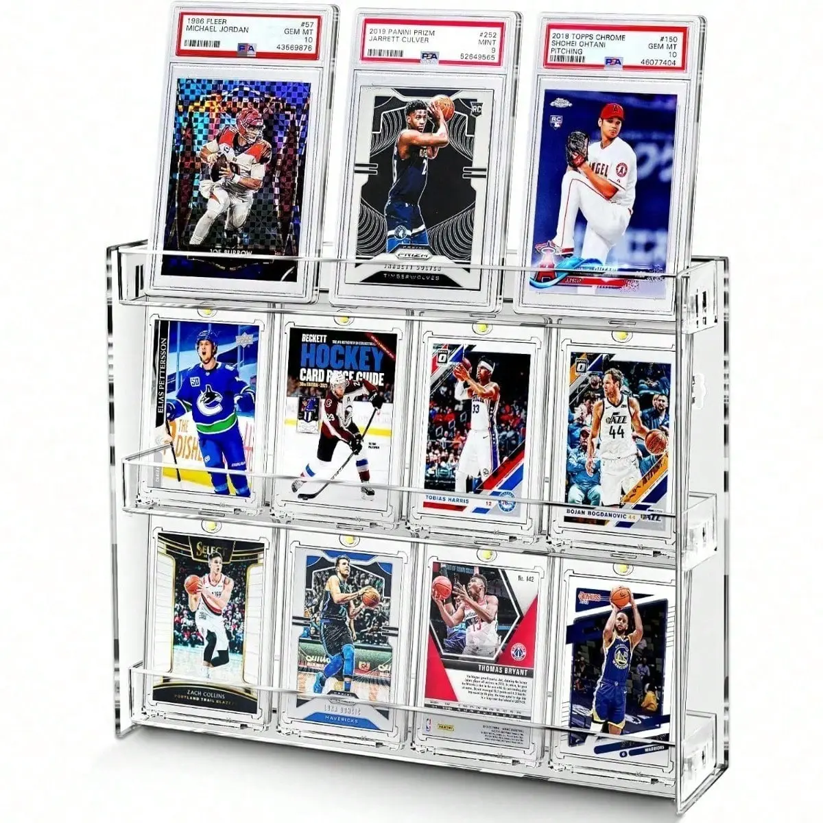 IPKKIP Trading Card Display Shelves for Wall, Clear Acrylic Baseball Cards, Sports Cards Display Holder – 3 Tier