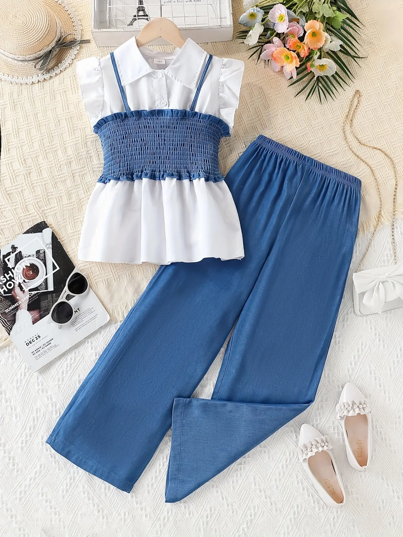 Girls' Long Pants Set, Contrast Color Ruffle Sleeve Shirt, Casual Wide Leg Pants, 2-Piece Summer Clothes Set for Middle School Students, Tween Set