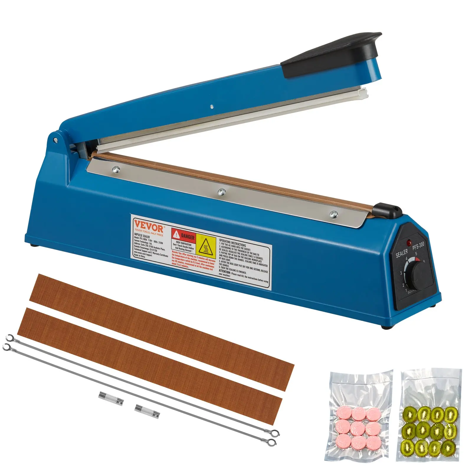 VEVOR 12-in Manual Heat Seal Machine, 8 Adjustable Heating Levels, Durable ABS Impulse Sealer for Plastic Mylar PE PP Bags, Portable Personal Packaging Tool with Extra Replacement Kit, 12 Inch, Adjustable Heating Mode