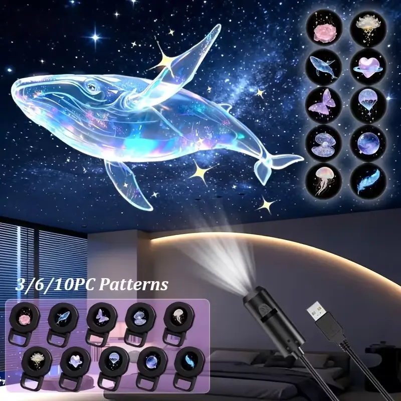 3/6/10pc Pattern LED Projection Lamp, USB LED Projector, 360° Rotating Dream Night Light, Rose Whale Butterfly Cloud Heart Planet Feather Patterns, Decorative Lighting