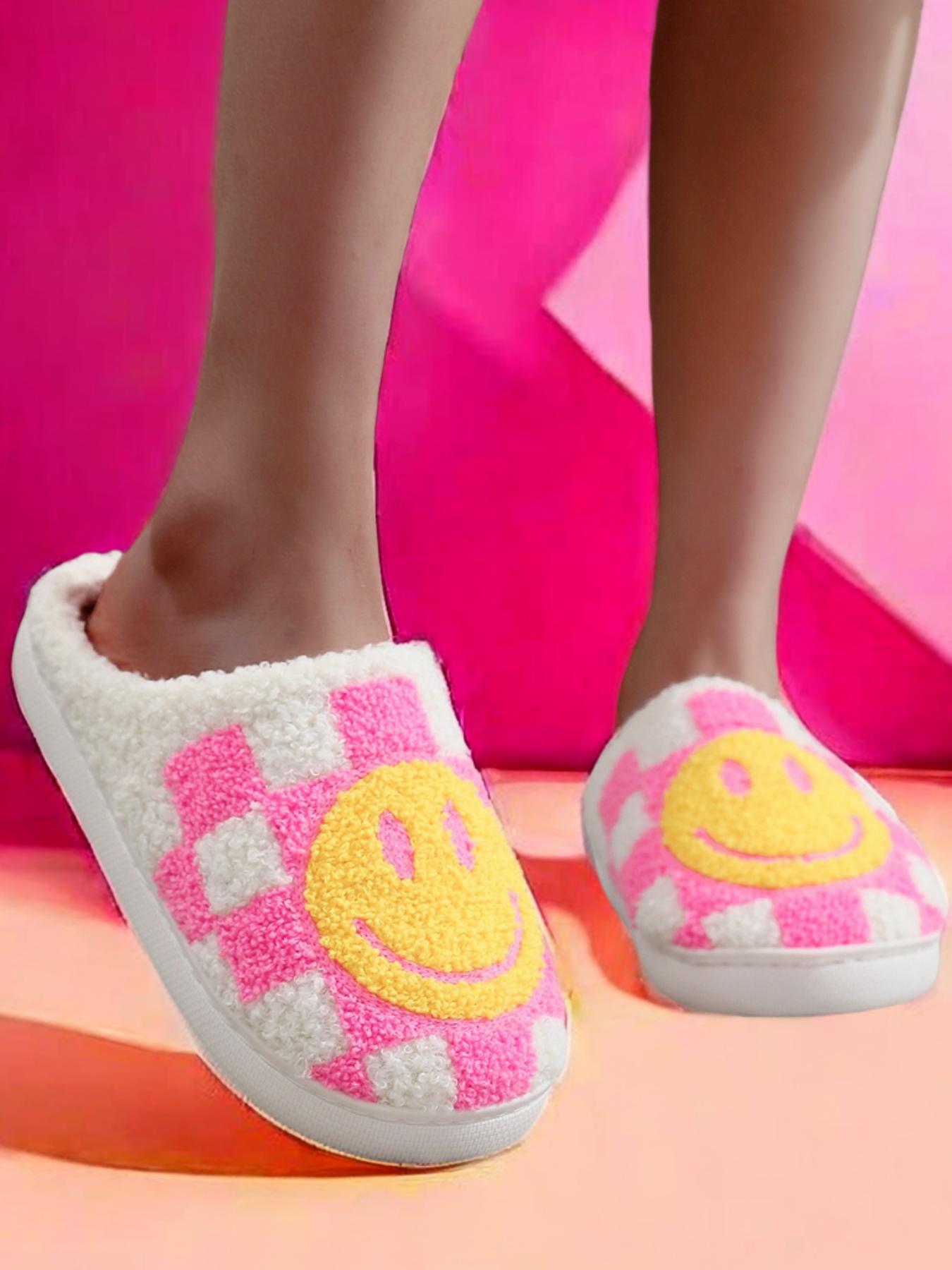 Colorblock Plaid & Smile Face Pattern Plush Slippers, Fashionable Home Slippers for Indoor Outdoor Wear, Fluffy Fall & Winter House Shoes for Women, Unique Gifts for Women, Footwear