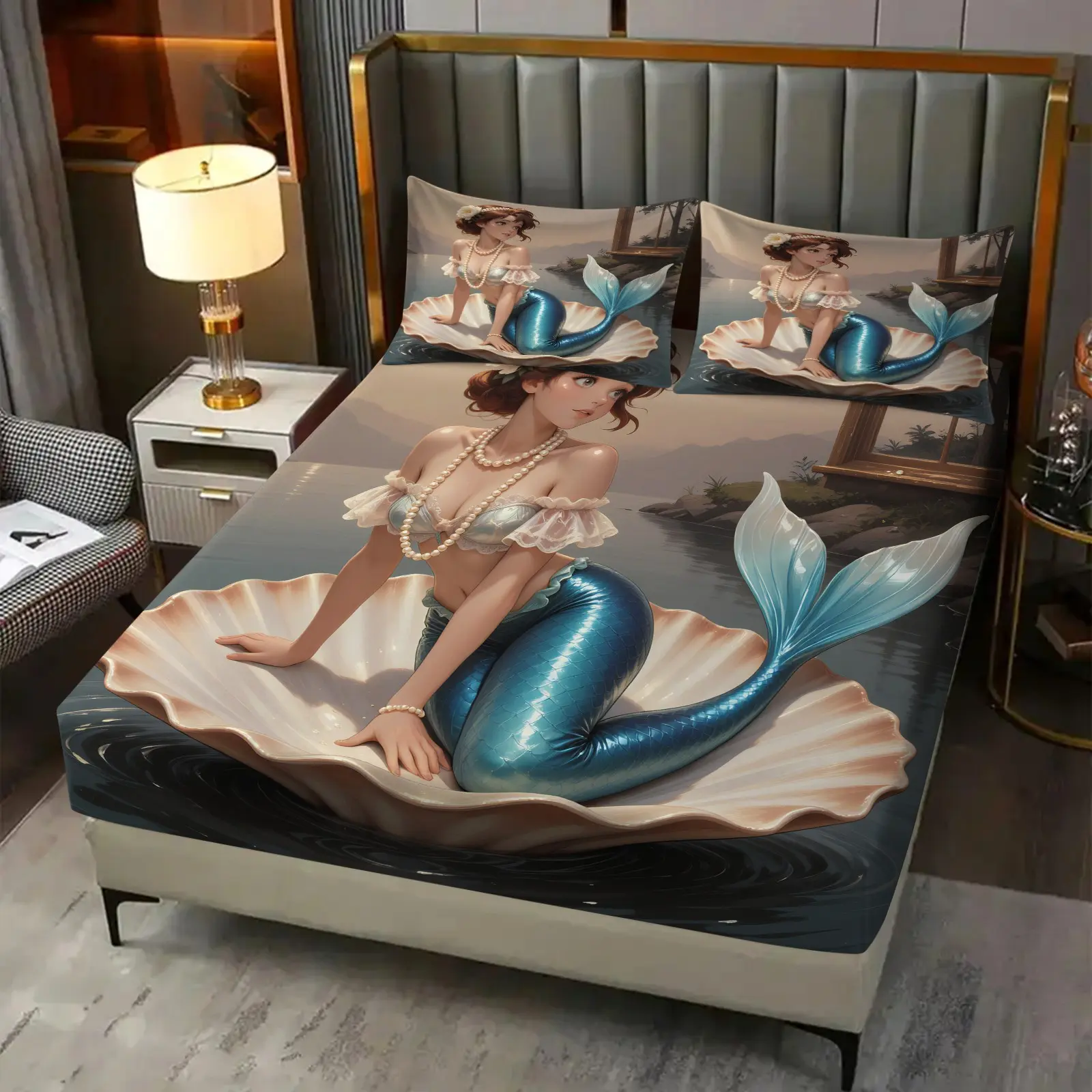 3PcsDreamy Ocean Fairy Tale Style Mermaid Diverse Illustration Printed Fitted Sheet Set, Machine Washable Skin-friendly Fabric, Mattress Protection Design, Suitable for Girls Bedrooms & Dormitories, All-season Bedroom Decor (Pillow Covers Not Included)