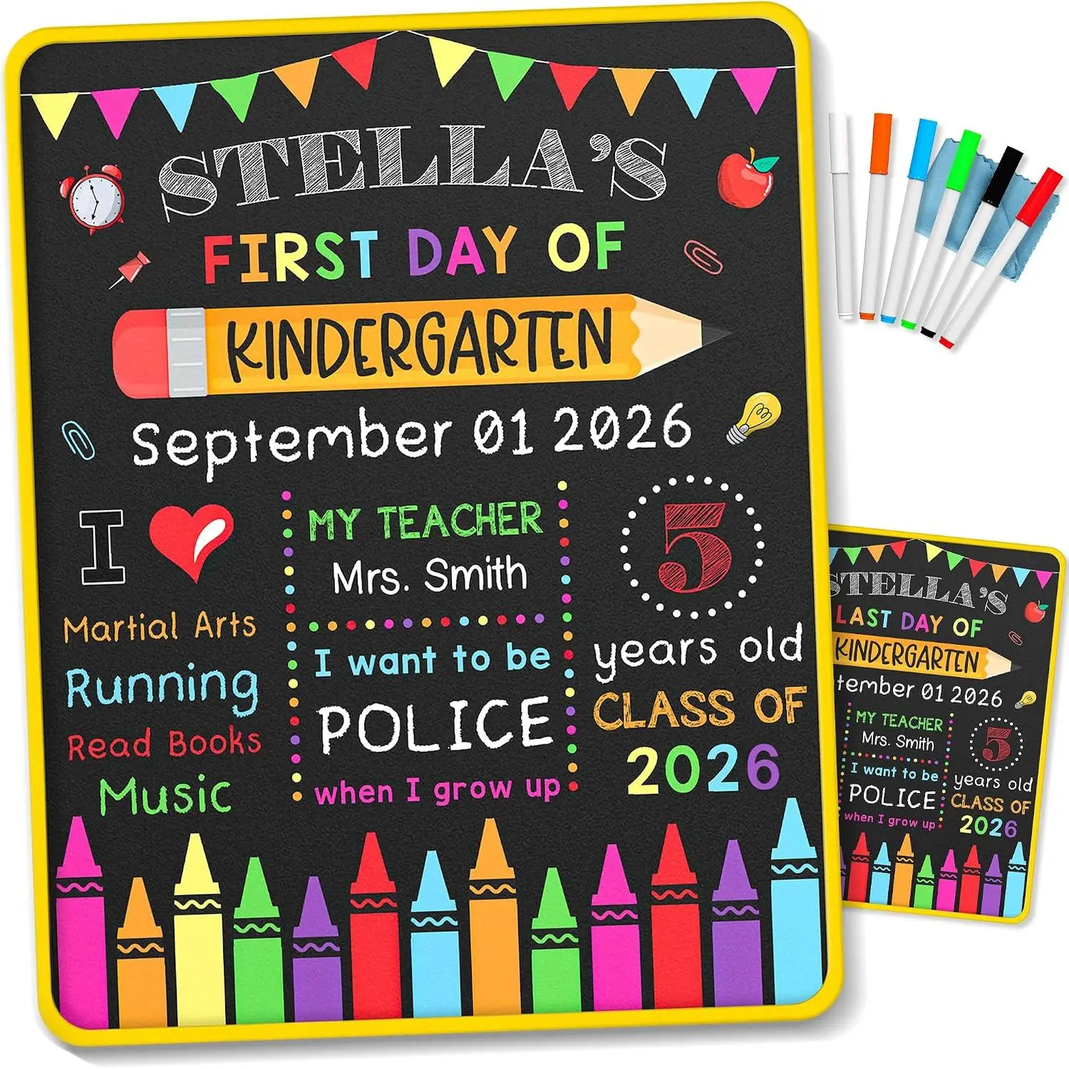 Last Day of School Board Sign with 6 Liquid Chalk Markers Pack & Wipe Cloth - 14”x11” Double-Sided &  Chalkboard -  to School Board