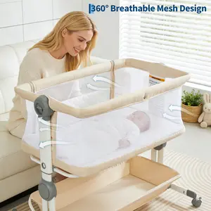 Baby Bassinet Bedside Sleeper - 6 Height Adjustable Infant Co Sleeper Crib with Lower Storage Basket, 360 Wheels, Retractable Legs, Optional Mosquito Net Canopy