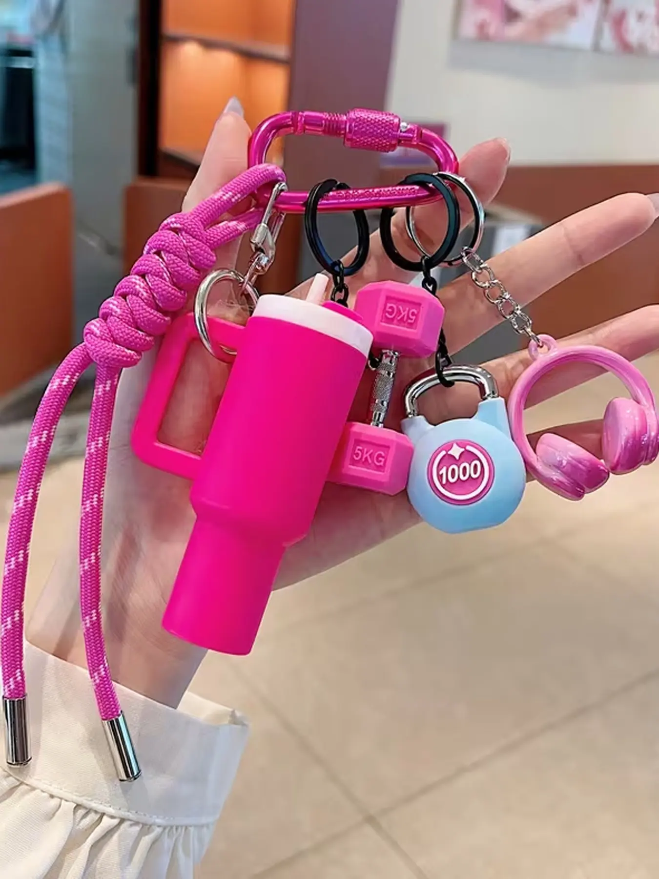 Fitness Keychain for Bags with Mini Tumbler, Dumbbell & Kettlebell Charms, Sporty Gym Bag Pendant, Braided Lanyard Keyring, Aesthetic Workout Accessory for Backpack & Car Keys, Trendy Gift for Fitness Lovers & Gym Girls