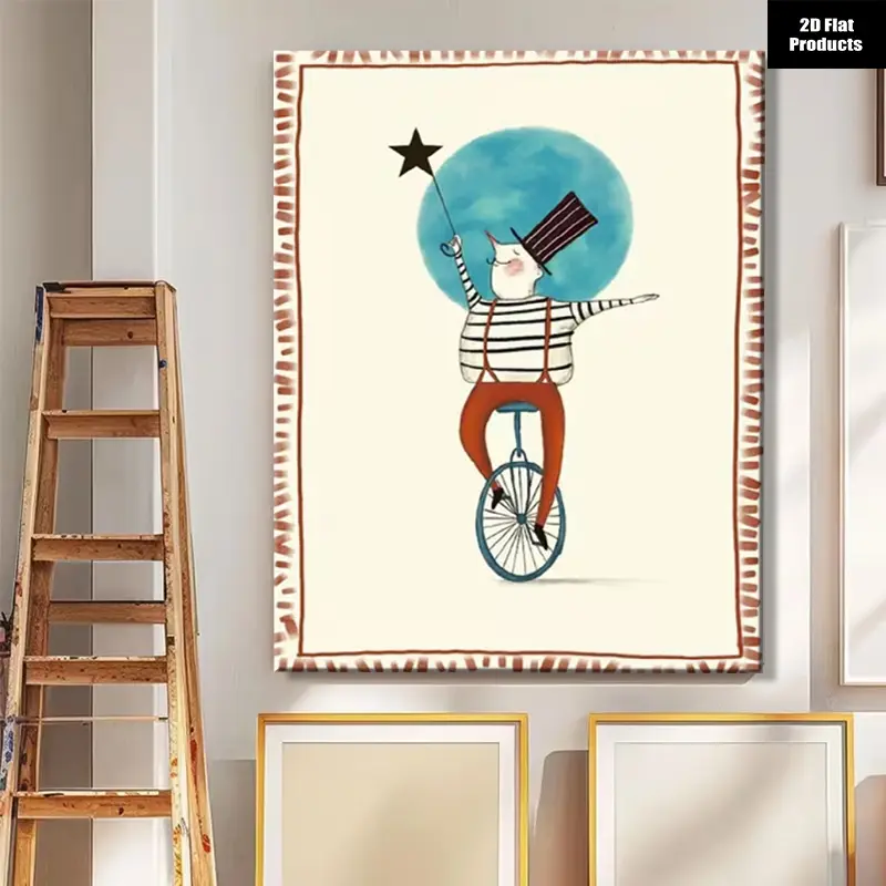 Artistic 2D Flat Circus-Themed Wall Art with Stretch Wrap-Around Frame - Juggler on Bicycle Print, Carnival Decoration with Animals & Vehicles, Indoor Hang Kid Room Gift, Modern Marble-Accent Home Decor Poster