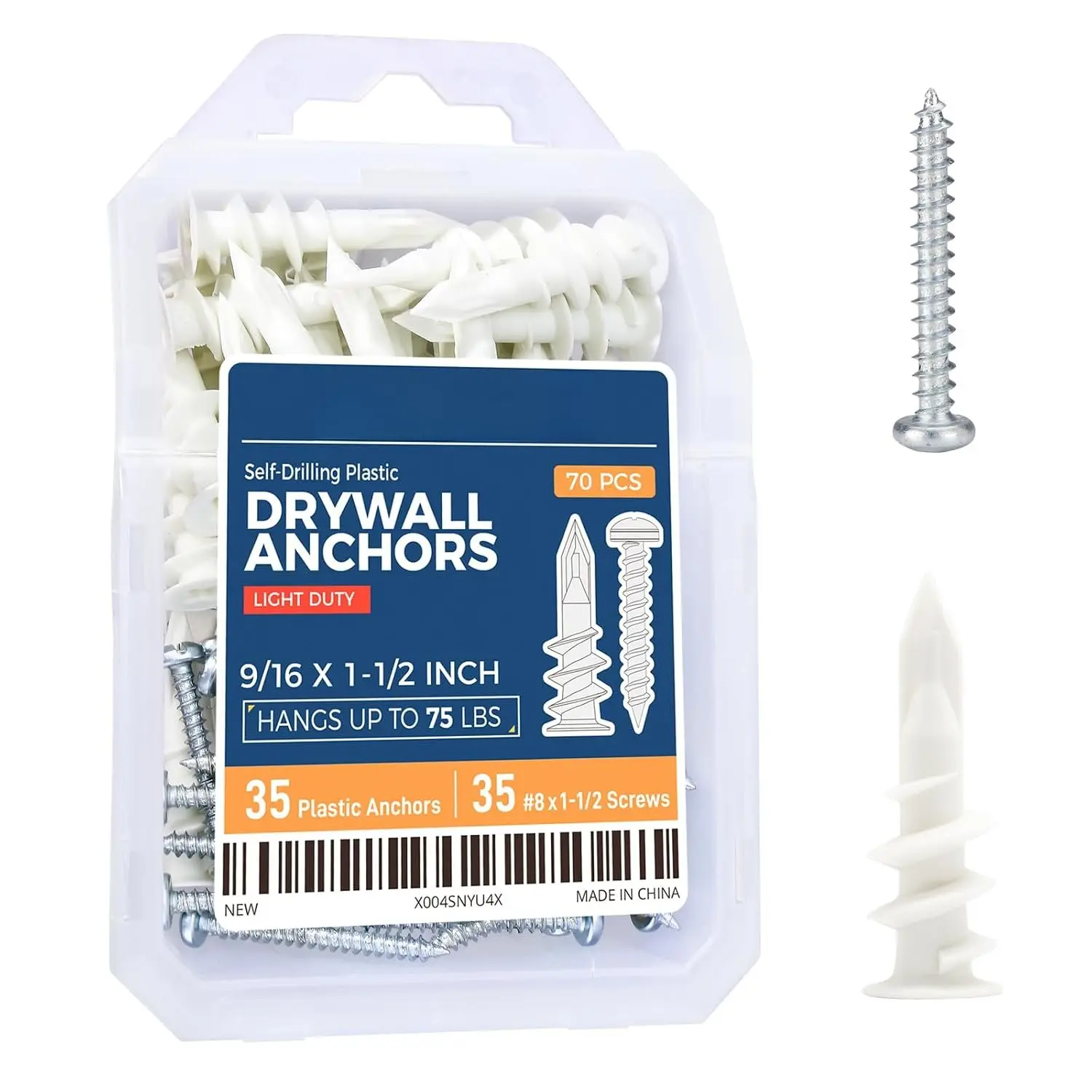8# 70 count Self Drilling Drywall Anchors Kit - 75LBs Heavy Duty Plastic Drywall Hangers with 35 Self-Tapping Screws - Mounting Hardware for Sheetrock Anchors